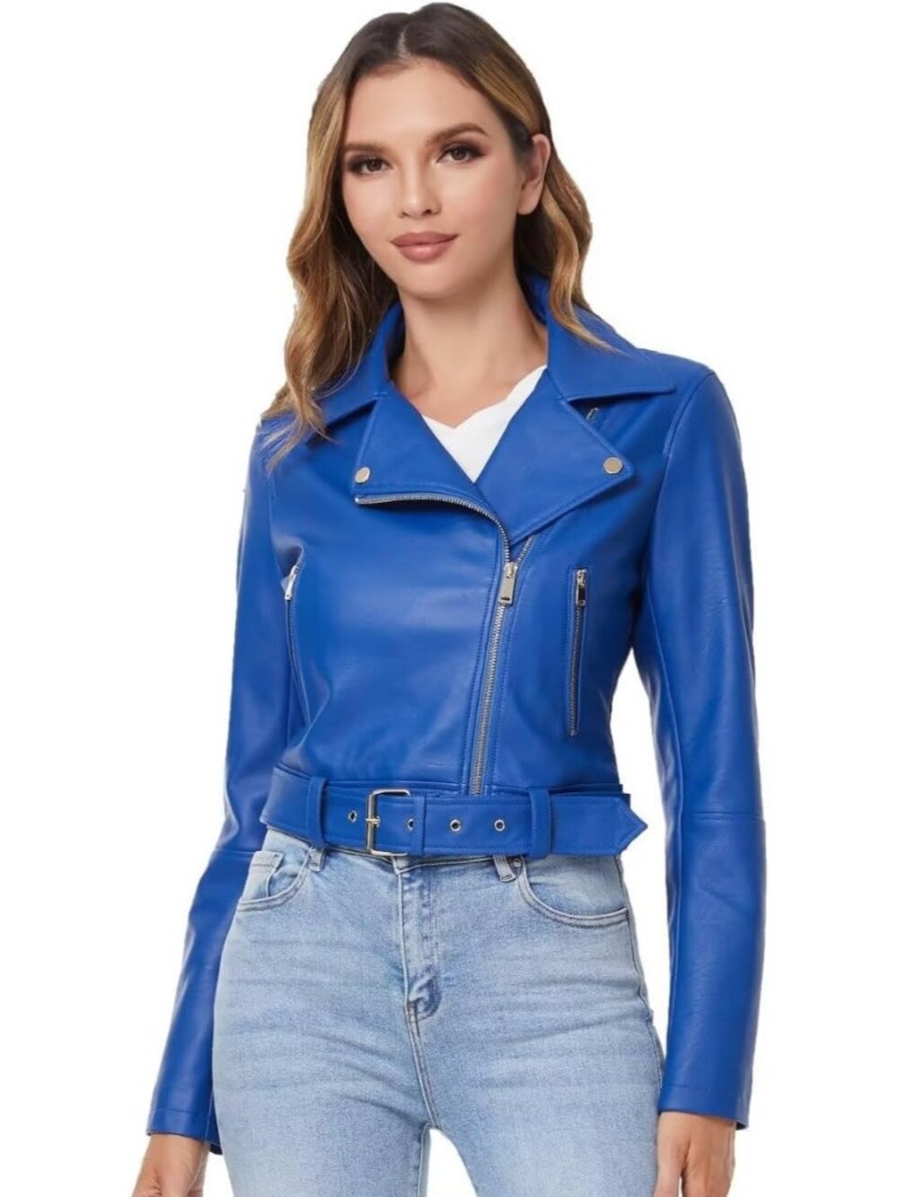 Women Royal Blue Leather Cropped Zipper Belted Asymmetric Slim Moto Biker Jacket